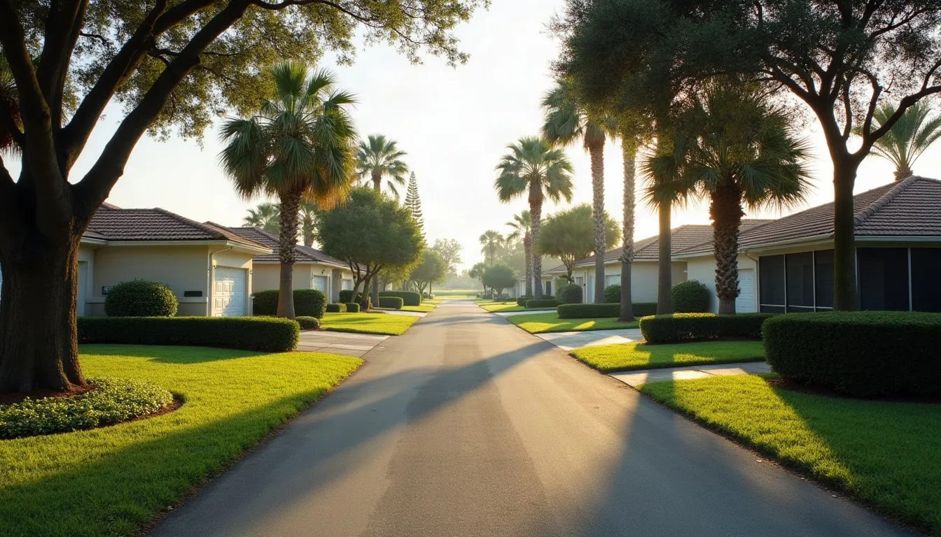 A quiet street of stucco homes with tile roofs, tall palms and clipped hedges in soft early morning light.