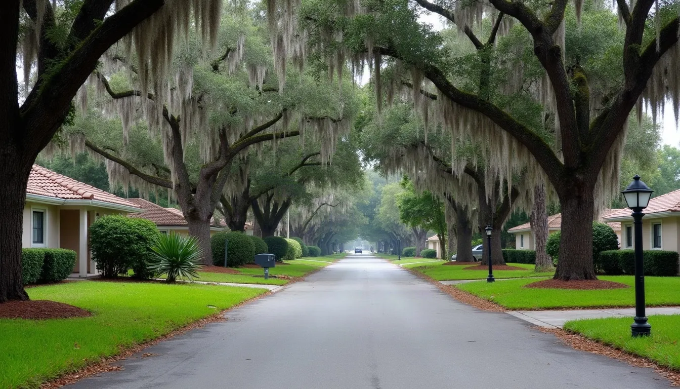A residential street under live oaks hung with Spanish moss, with single storey homes set back behind wide lawns.