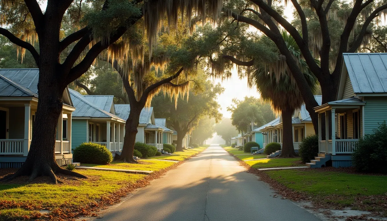 An older street of painted wooden cottages with front porches, under oaks hung with Spanish moss, in low morning sun.