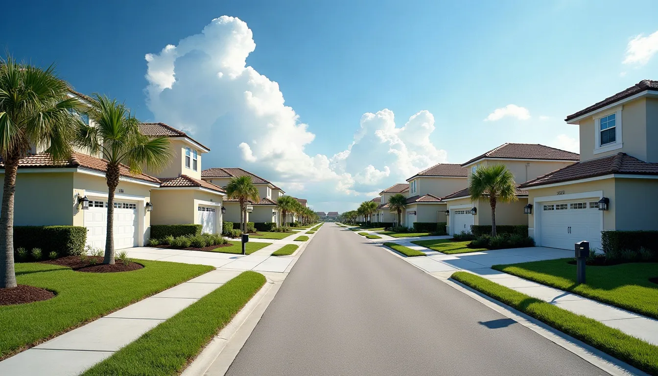 A wide, newly built street of two storey homes with tile roofs, young palms and broad sidewalks under a blue sky.